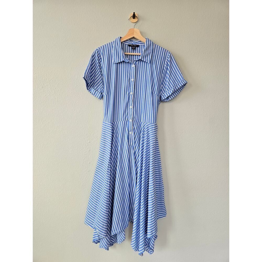 Ivy Blu Blue White Stripe Cotton Shirt Dress Belted High Low Size 14 Summer